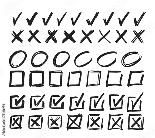 Doodle Cross And Check Marks, Square Boxes And Circle Frames Manuscript Writing Elements. Vector X and V Symbols photo