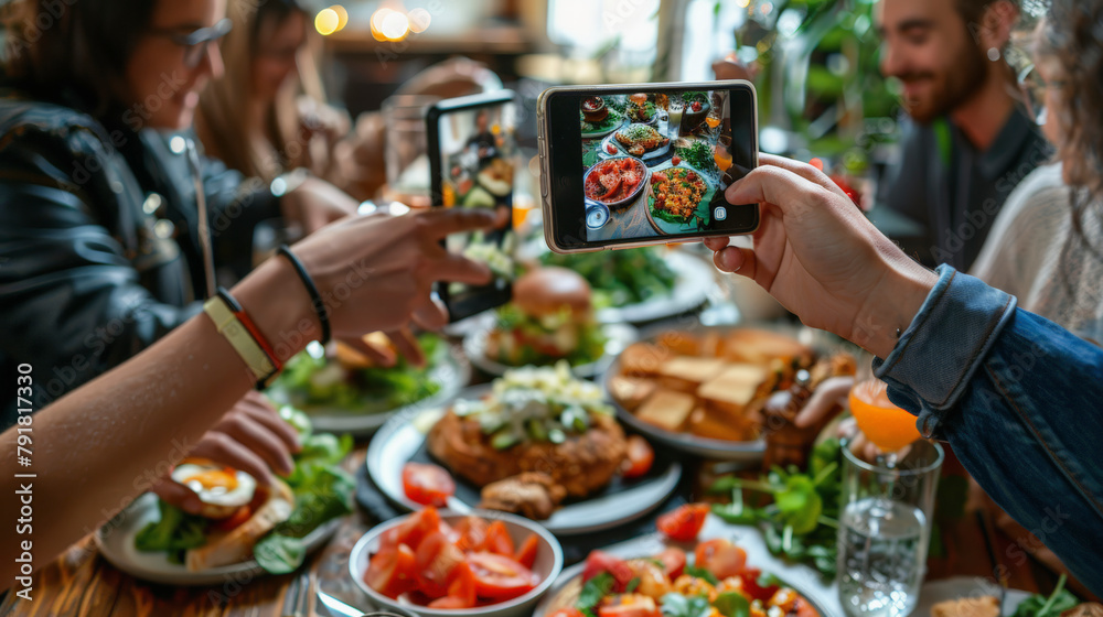 Two people capturing a photo of a table filled with delicious food using a smartphone in a bustling restaurant. Two people capturing a photo of a table filled with delicious food using a smartphone in a bustling restaurant.