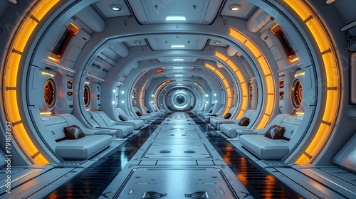 Futuristic Alien Spacecraft Interior Tunnel with Illuminated Portal Gate