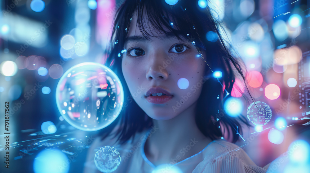 Naklejka premium A person surrounded by glowing orbs of light with a blurred cityscape in the background at night.