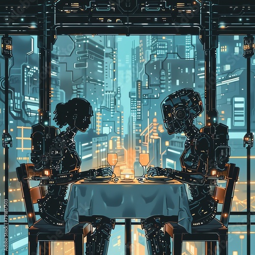 Illustrate an intimate dinner between two characters in a futuristic setting with unexpected camera angles in a pixel art style Play with perspectives to highlight the merging of futuristic technologi photo