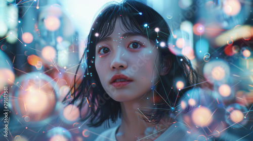 Portrait of a young woman with a dreamy expression surrounded by soft glowing lights against a blurred city backdrop.