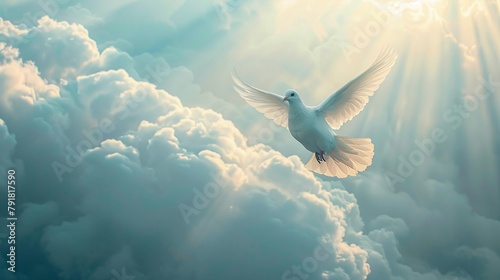 Highaltitude sky funeral, a white dove against a backdrop of high clouds, subtle rays of light, designed for poignant text placement photo