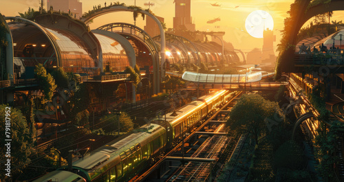 Conceptual design of a solarpunk train station during golden hour, highlighting the integration of solar technology and natural elements in public transport hubs