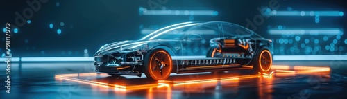 Dynamic image of an electric vehicle with an open chassis displaying the battery system, highlighted by ambient lighting to emphasize innovation and technology