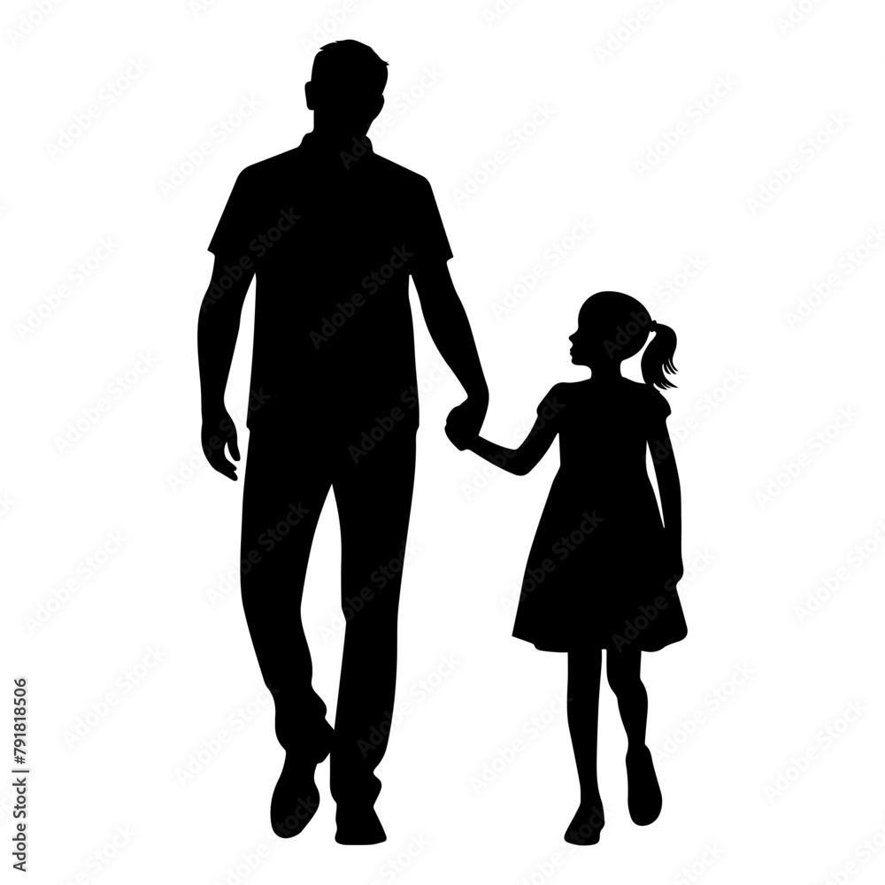 black silhouette of a father holding his daughter's hand, isolated on a white background, design element. Happy Father's Day
