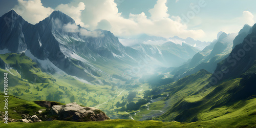 Illustration of a beautiful landscape with dark mountains and green meadow
