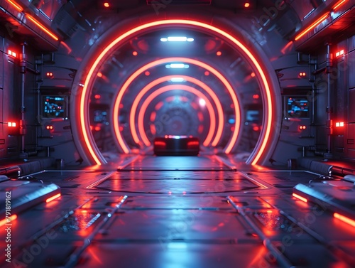 Futuristic Sci-Fi Corridor with Glowing Holographic Podium in Center of Illuminated Room