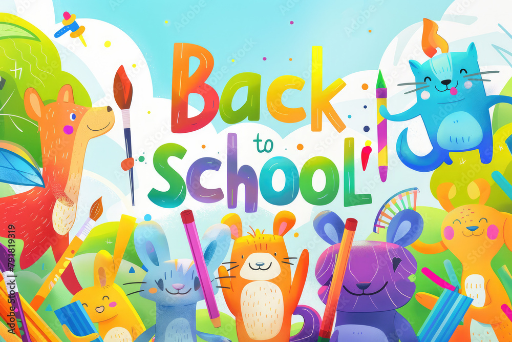 Naklejka premium Welcome Back to school horizontal banner. Illustration of school Supplies and happy animals ready for the new course year