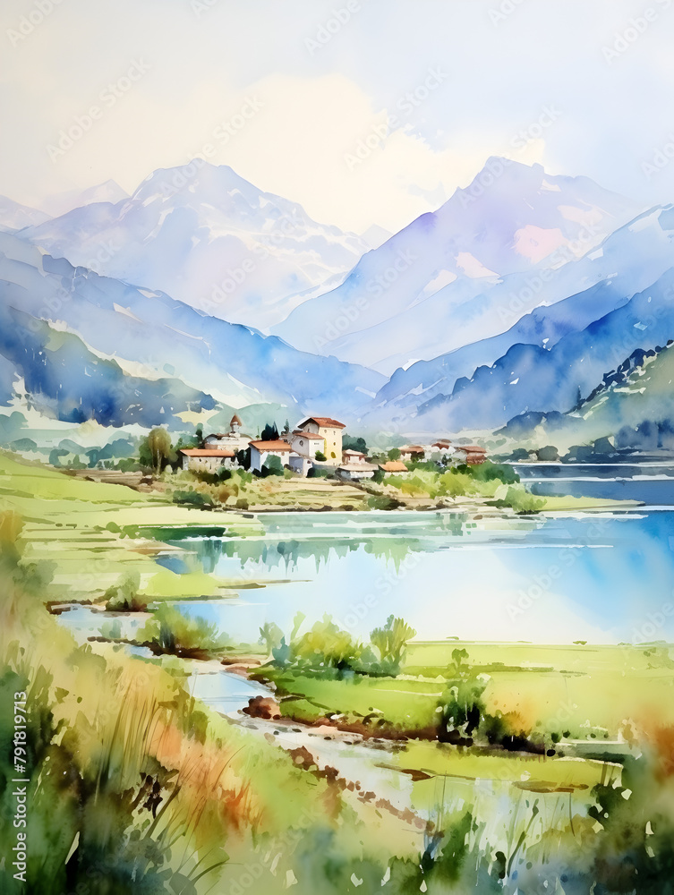Watercolor illustration of Italian rural landscape with small village 