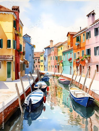 Watercolor illustration of an Italian Murano city with colorful houses