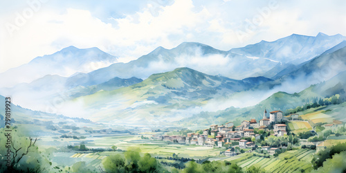 Watercolor illustration of beautiful rural landscape with small village  photo