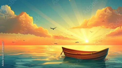 Modern parallax background for 3D animation with cartoon illustration of morning seascape or ocean, flying birds, and rising sun with beams on horizon.