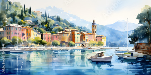 Watercolor illustration of an Italian village with colorful houses on coastline