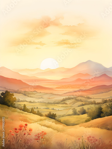 Watercolor illustration of beautiful landscape with sunset 