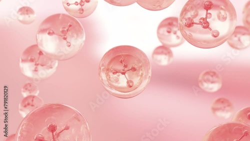 Molecule contained inside a liquid bubble. Essence Ball Molecules. Liquid bubbles with particles, cosmetic essence, and a water background.