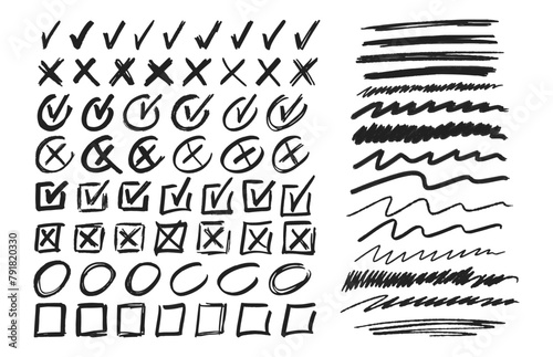 Manuscript Marks, Doodle Ticks, Crosses, Squares and Circles with Underlines. Monochrome Vector Signs Collection