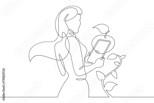 One continuous line.Augmented reality. Agronomist bioengineer using a tablet examines a plant. AR recognition and object scanning. Continuous line drawing.Line Art isolated white background.