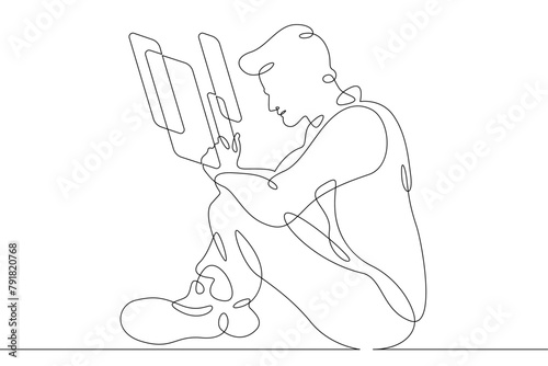 One continuous line.Augmented reality.Multi-screen in the phone application. Augmented Reality on the smartphone screen. Continuous line drawing.Line Art isolated white background.