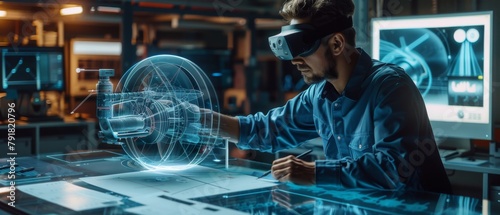 A manufacturing factory chief engineer wears an AR headset and designs a model of a motor using a holographic projection blueprint. A futuristic virtual design application of mixed technology.