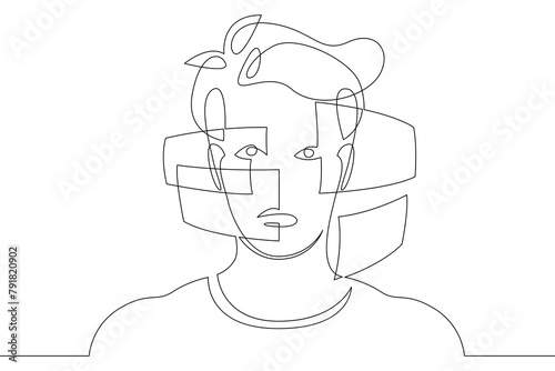 One continuous line.Augmented reality.Many screens in front of the user.Multiwindows of the virtual application.Virtual Reality.Continuous line drawing.Line Art isolated white background.