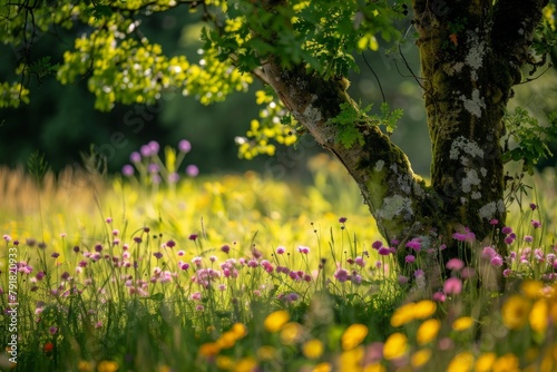 A field bursting with colorful flowers  surrounded by a majestic tree  creating a vibrant and serene natural landscape.