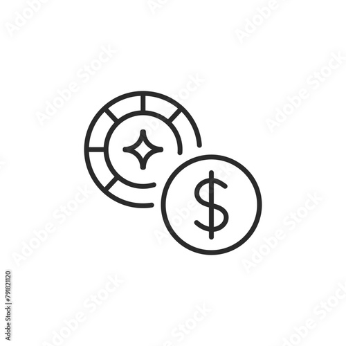 Casino chip icon paired with a dollar sign, representing money and gambling concepts, suitable for financial, gaming, and casino-related design projects. Vector illustration. 