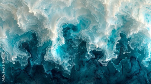 An abstract painting of an ocean wave, with a white crest and a blue-green body.