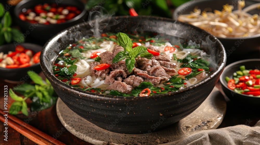 Pho Rice Pho, a traditional Vietnamese noodle soup with beef, rice noodles ...
