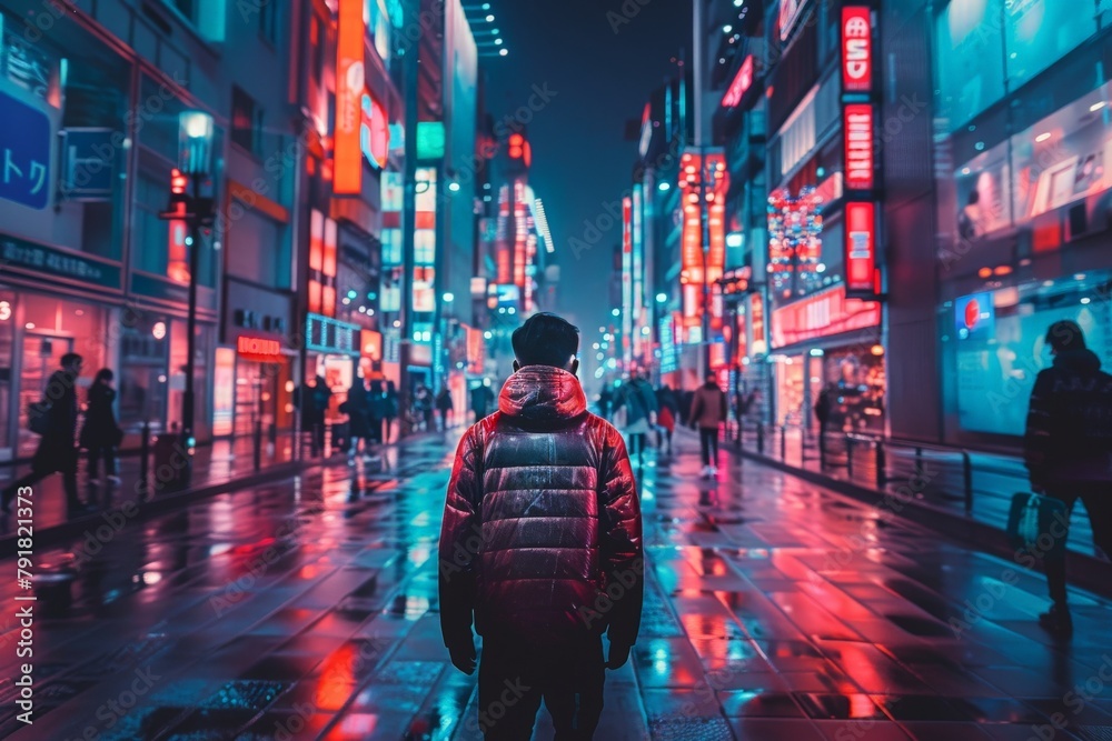 A lone man strolls down a bustling city street, enveloped in the glow of neon lights and the shadows of tall buildings.