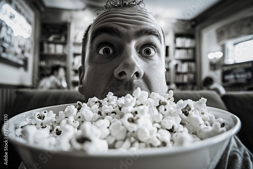 A funny man with a plate of popcorn waiting for something exciting
