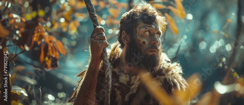 Earlier cavemen wore animal skins, and held stone-tipped spears to hunt for prey in prehistoric forests. Here is a photo of a Neanderthal going hunting in a jungle. photo