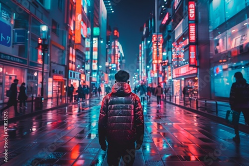 A lone man strolls down a bustling city street, enveloped in the glow of neon lights and the shadows of tall buildings.