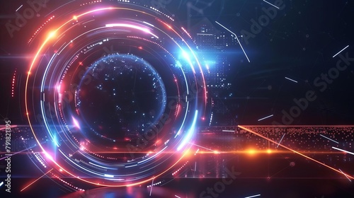 futuristic magic circle light effect with bright neon sphere rotating lines glowing ring hud elements digital art