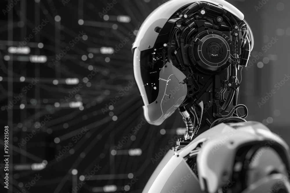 Fototapeta premium A robot stands majestically in front of a striking black and white backdrop.