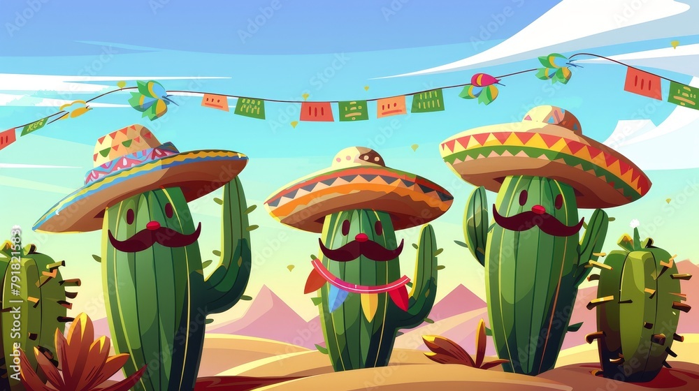 Cactus with mustache in a sombrero, poncho and desert landscape. Viva Mexico or cinco de mayo party. Traditional Latin holiday or fiesta celebration symbol.