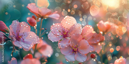 Beautiful pink flowers with water droplets on petals in front of a soft and dreamy bokeh background