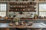 Vintage kitchen interior with rustic pottery and utensils, a window casting natural light, concept of traditional cooking and homey comfort.