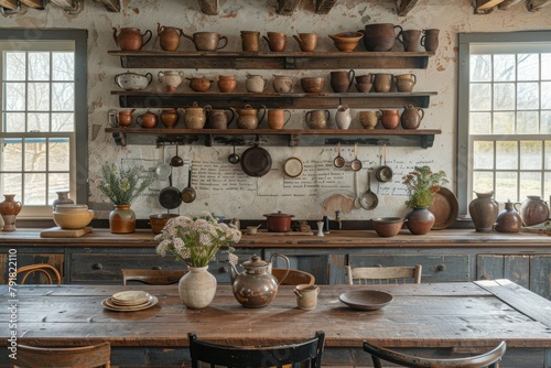 Vintage kitchen interior with rustic pottery and utensils, a window casting natural light, concept of traditional cooking and homey comfort.