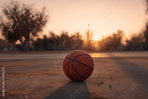 Basketball Ball on Court with Desert Sunrise