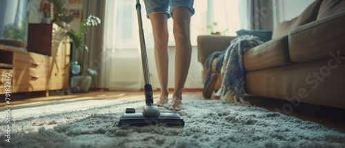She uses a modern cordless vacuum cleaner. She is happy and cheerful as she cleans a carpet in a bright cozy room at home. She wears a Jeans Shirt and Shorts. photo