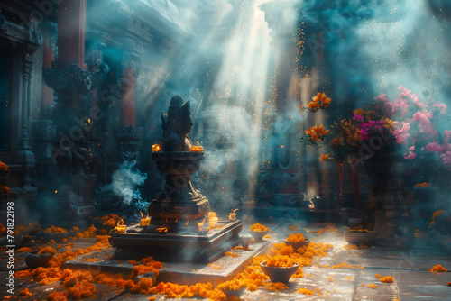 An alternate reality where ancient myths and legends are real, shaping the course of human history.Sun shining through temple smoke creates ethereal atmosphere