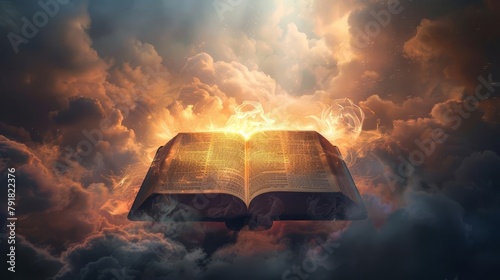 holy bible with glowing light in clouds way to salvation and gods word concept digital illustration photo