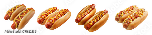 Set of Tasty hot dogs with yellow mustard swirls, isolated on transparent PNG background