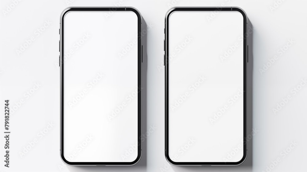 Two smartphones mockups lying parallel on white background. Clean and modern design phones template devices advertising image. Technology concept cellphones photorealistic mock up Two smartphones mockups lying parallel on white background. Clean and modern design phones template devices advertising image. Technology concept cellphones photorealistic mock up