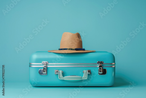 A straw hat placed precisely in the center of a pastel turquoise vintage suitcase on minimalist setup