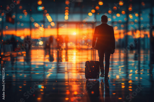 The back view of a traveler walking away in an airport, highlighted by bright, colorful airport lights photo