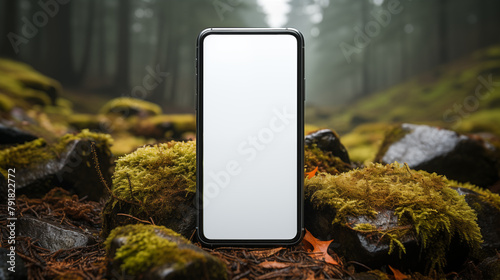 Vertical mobile mockup surrounded by mossy rocks and foggy forest. Serene woods. Smartphone template device advertising image. Connecting nature and technology concept cellphone mock up