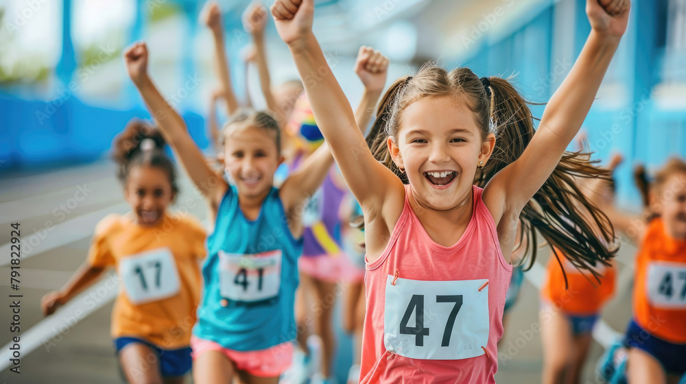 Obraz premium A group of young girls are running a race, with one girl wearing a pink shirt with the number 47 on it. The girls are all smiling and cheering each other on, creating a positive