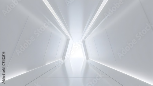 Futuristic Triangular Corridor with Radiant Lighting in Minimalist White Interior Design